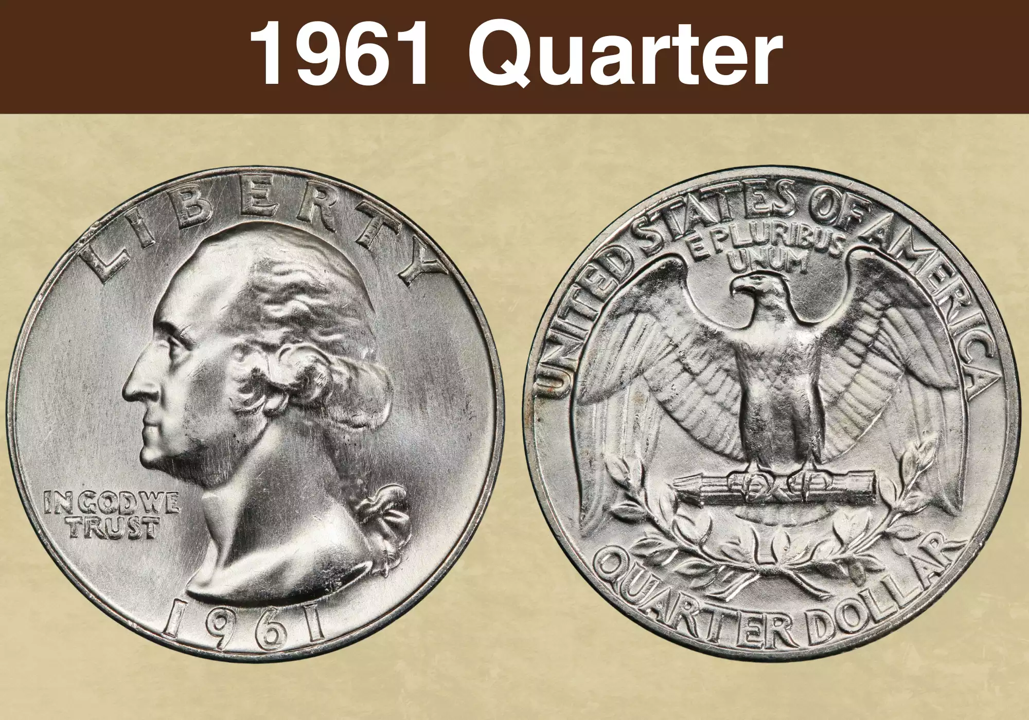 1961 Washington Quarter obverse and reverse showing the silver coin in high-grade uncirculated condition