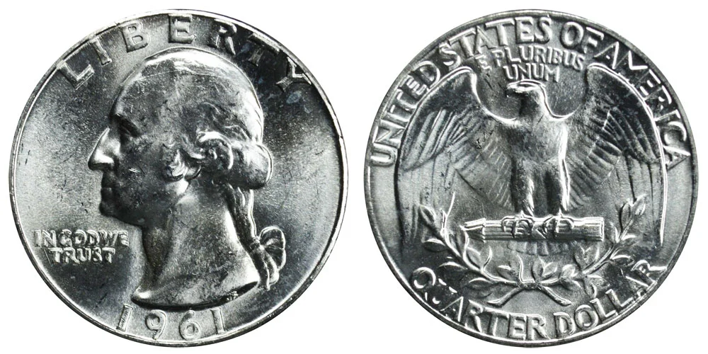 1961 Washington Quarter grading strip showing four specimens side by side from worn Good condition through circulated XF through uncirculated MS to gem MS65