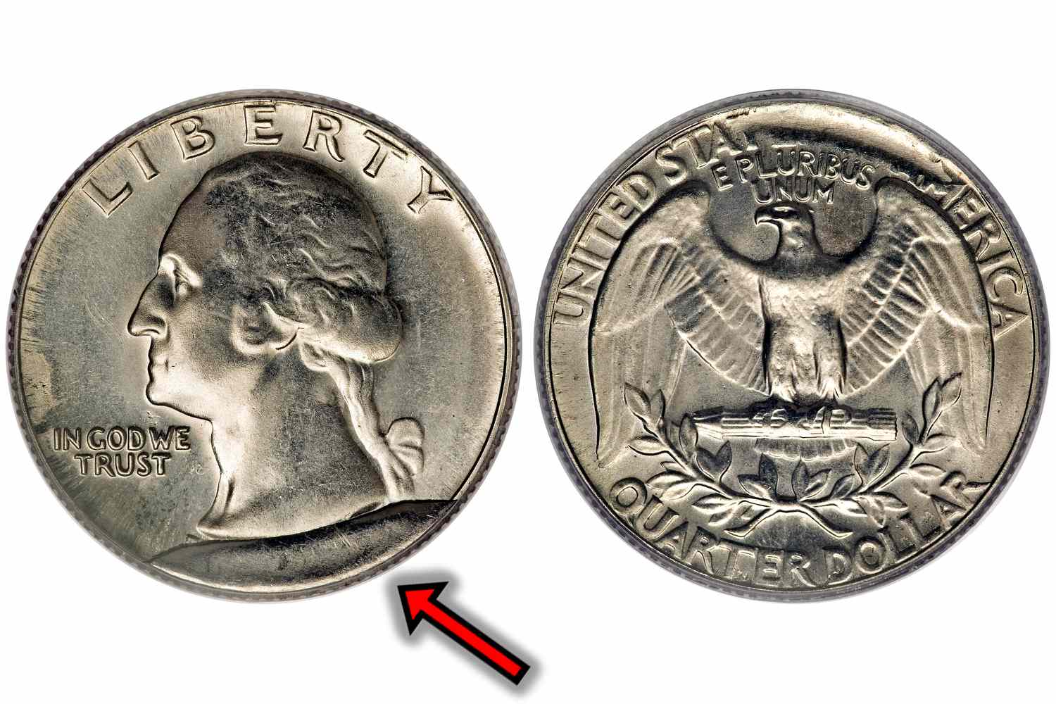 1961 Washington Quarter die crack error showing a raised raised line running across Washington's portrait caused by a fractured die